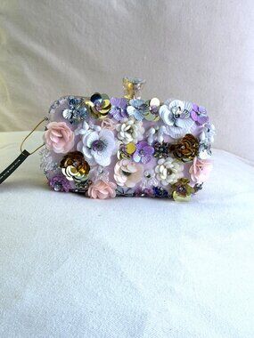 bebe Pink 3D Floral Sequin Embellished Evening Clutch Bag NWT